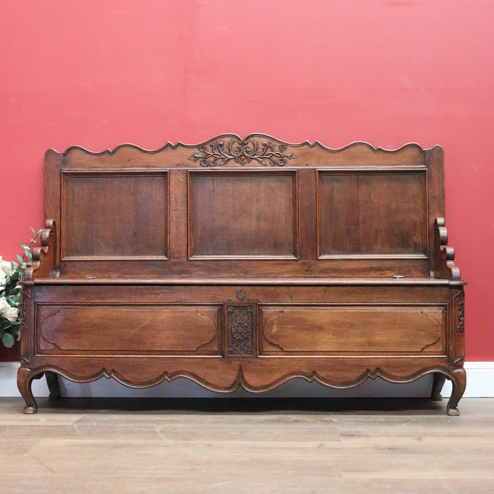 Antique French Hall Settle, Blanket Box Hall Seat, Antique Oak Bench Seat Chair B10840