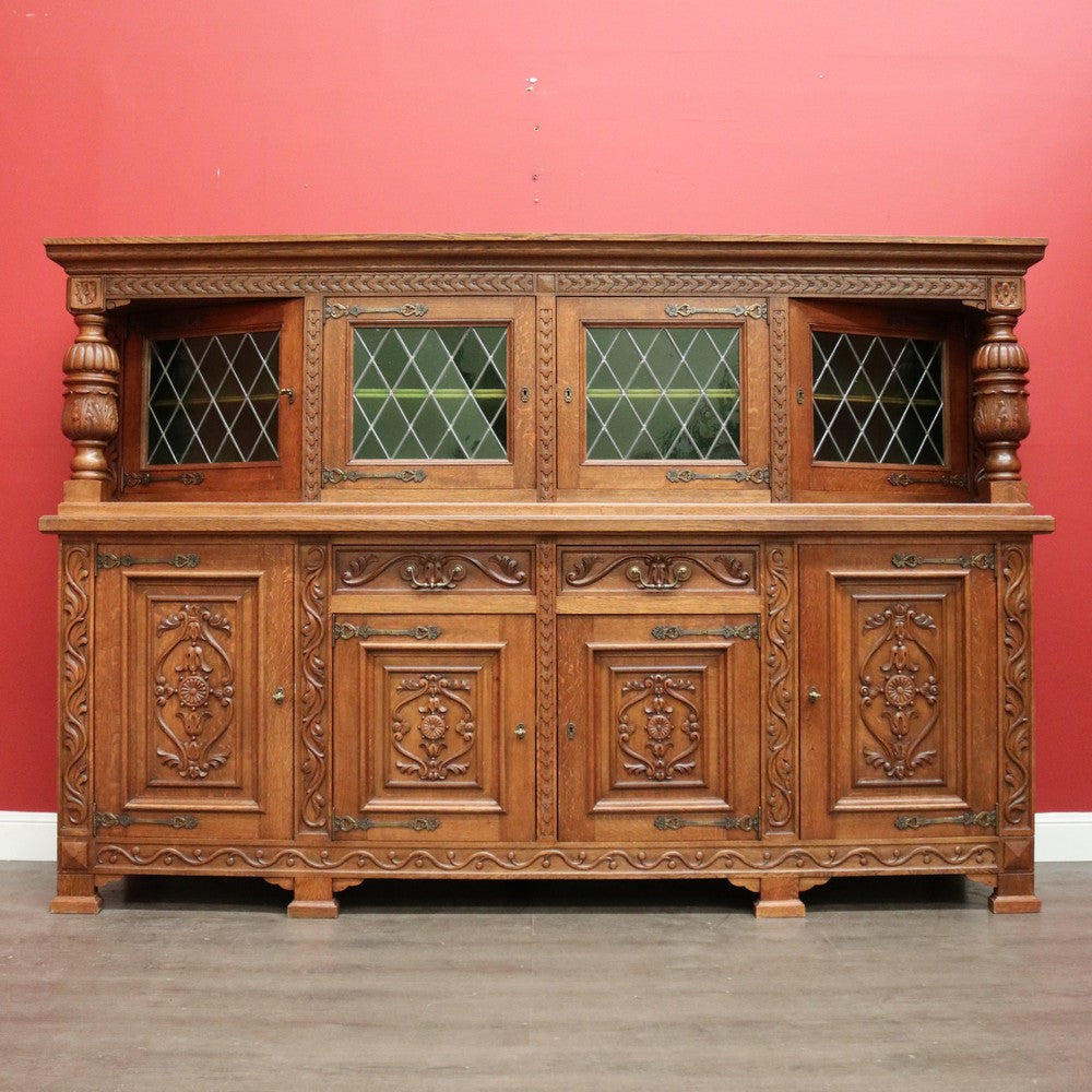 x SOLD Antique French Sideboard, Oak and Lead Light 2 Height Sideboard Cabinet Cupboard. B9840