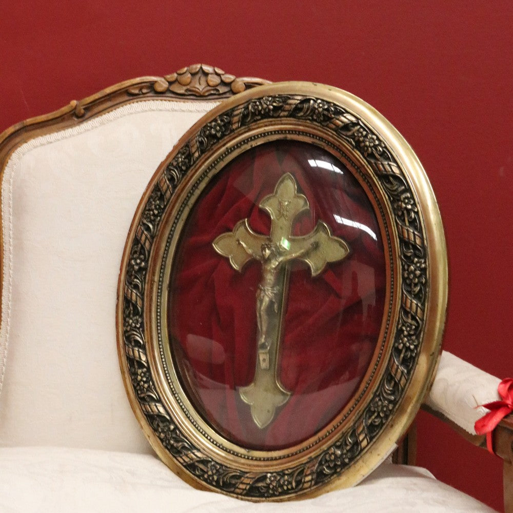 Antique French Framed Crucifix, Christ on Cross, Gilt Frame, Convex Glass Cross B10770