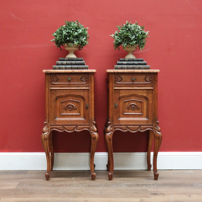 Antique French Oak and Marble Bedside Cabinet, Lamp or Side Tables, Marble Tops B11203