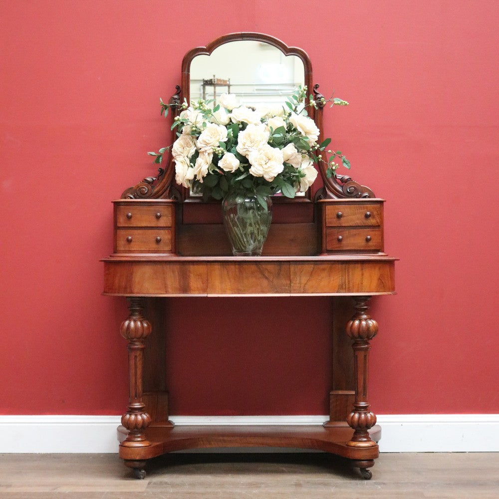 x SOLD Antique English Dressing Table, Walnut and Burr Walnut Mirror Back Dresser. B11160