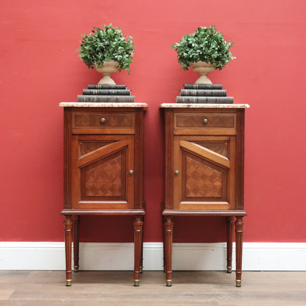 x SOLD Antique French Bedside Tables, Mahogany and Marble Lamp or Side Tables True Pair B11137
