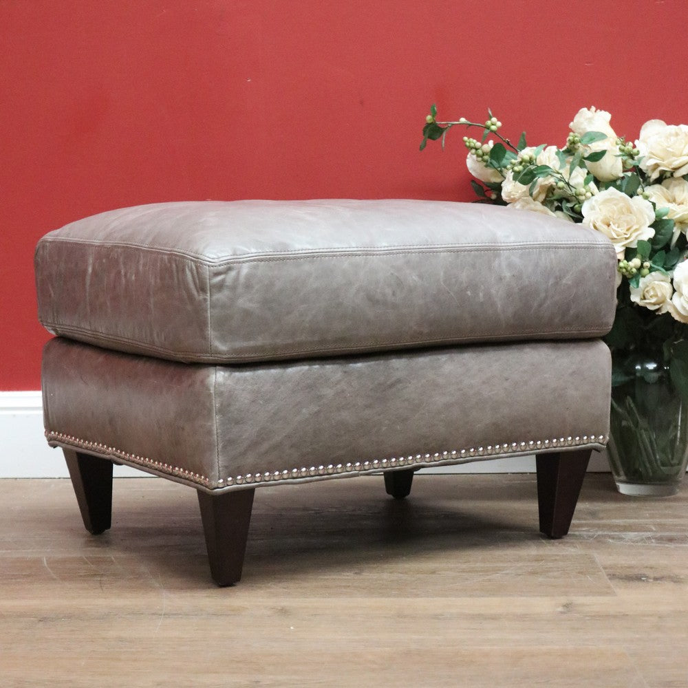 Coco Republic Grey Leather Ottoman, Footstool, Ford Studded Ottoman Mont Wolf B11005