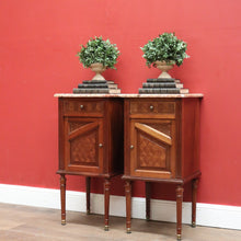Load image into Gallery viewer, x SOLD Antique French Bedside Tables, Mahogany and Marble Lamp or Side Tables True Pair B11137
