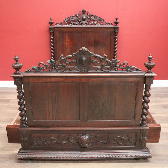 Antique French Queen Bed, Carved Oak French Bed, incl. Head, Foot, Rails, Slats B11164