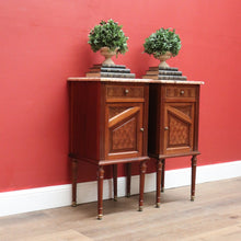 Load image into Gallery viewer, x SOLD Antique French Bedside Tables, Mahogany and Marble Lamp or Side Tables True Pair B11137
