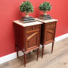 Load image into Gallery viewer, x SOLD Antique French Bedside Tables, Mahogany and Marble Lamp or Side Tables True Pair B11137
