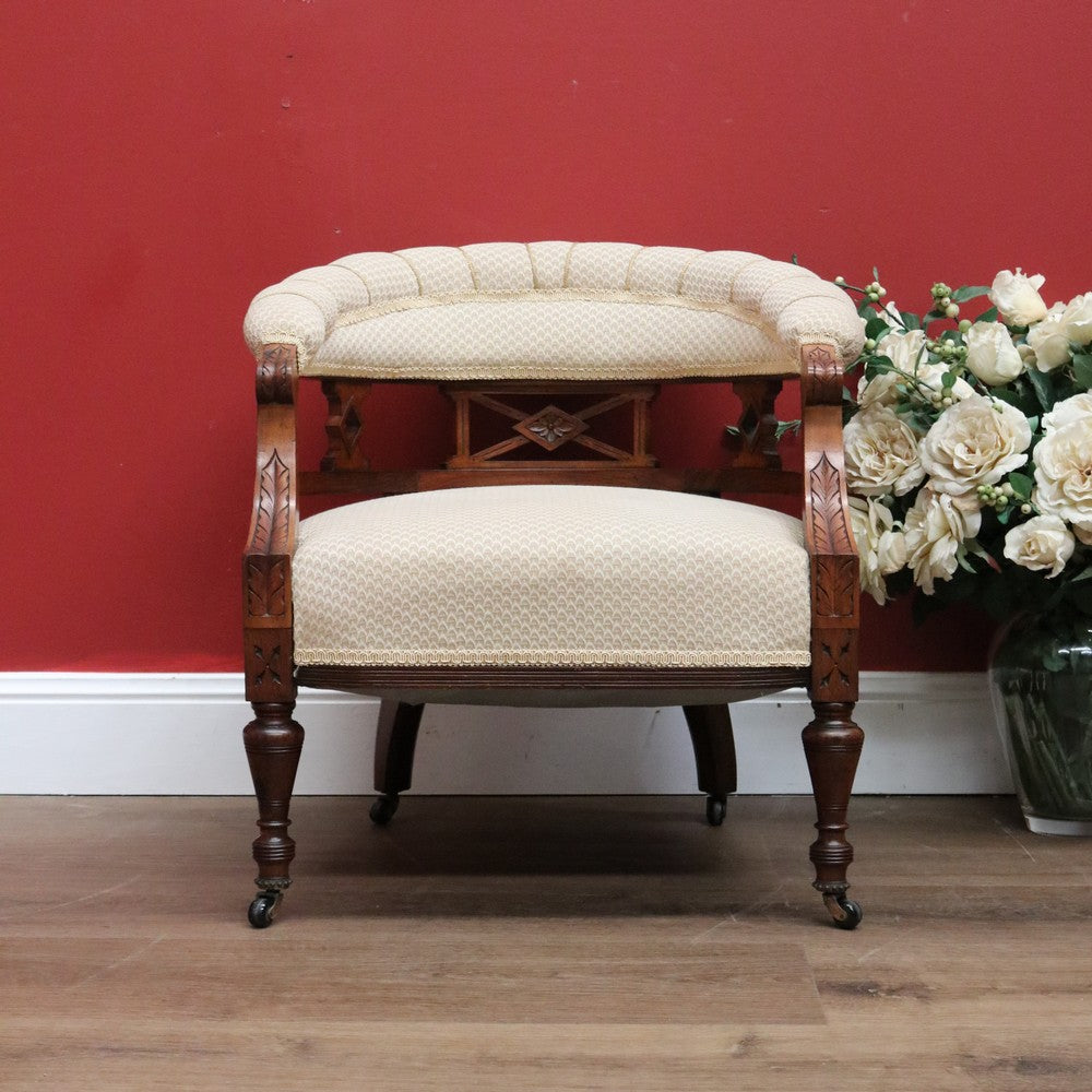 Antique English Tub Chair, Parlour Chair, Armchair, Walnut Fabric Ladies Chair B10789