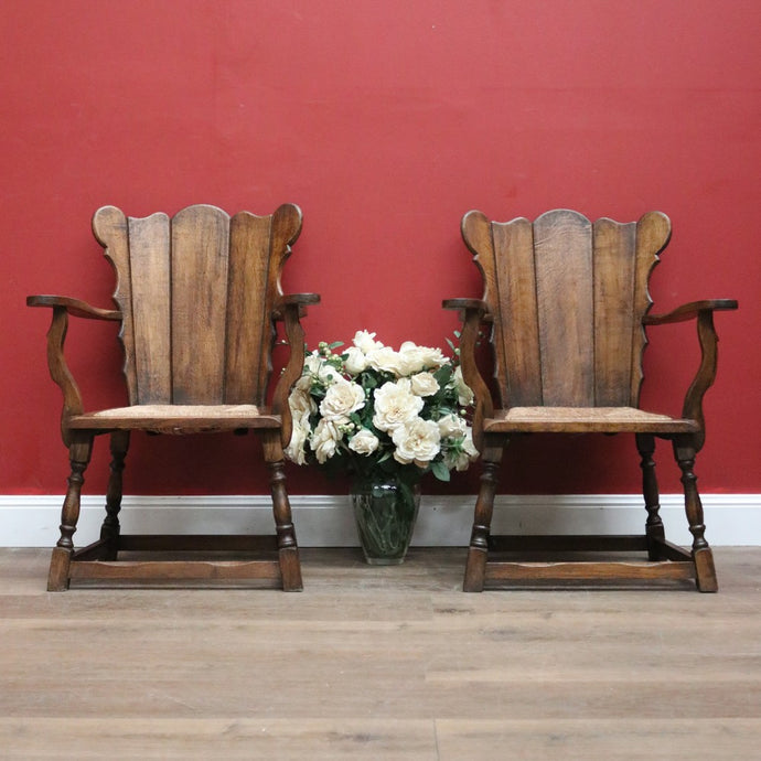 Set of Two Armchairs Pair of Antique French Oak and Rush Seat Wing Back Chairs B11043