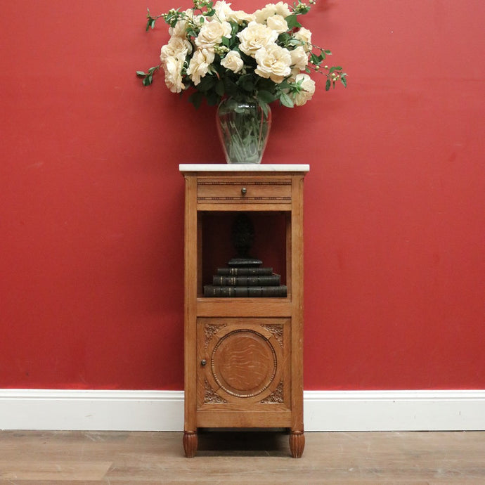 Antique French Oak Marble Bedside Table. French Lamp Table with Cupboard to Base