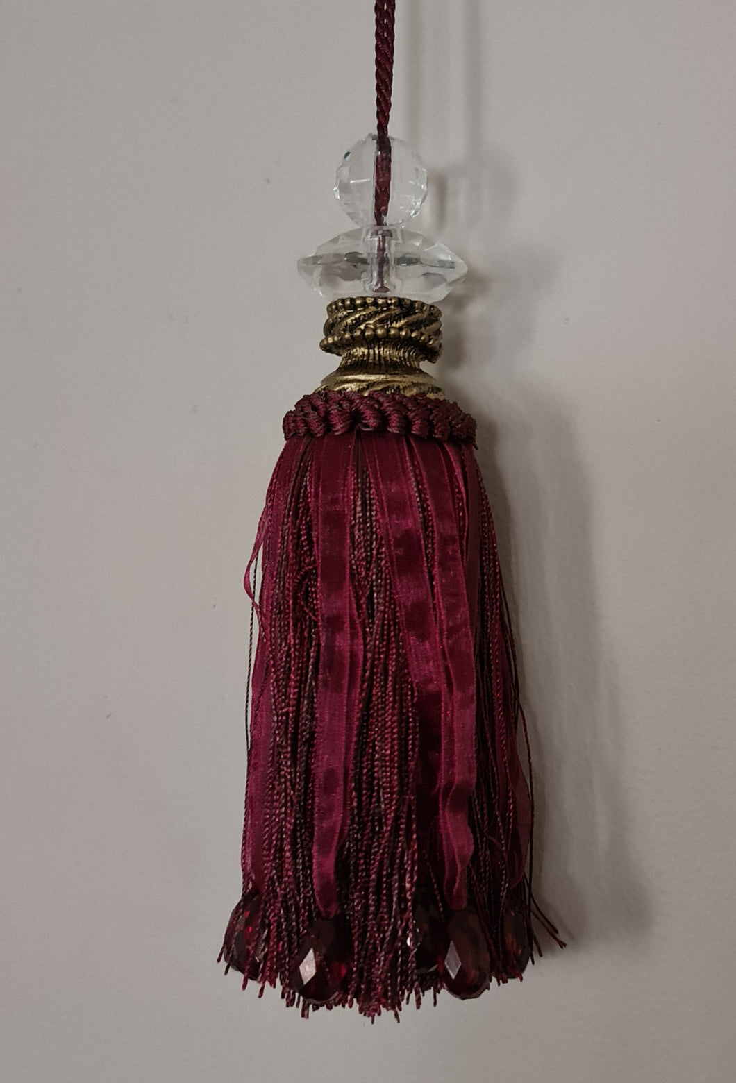 Large Tassel with Double Faceted Glass Top - Red Wine - Decorative Tassel for Antique Key or Door BRWT01